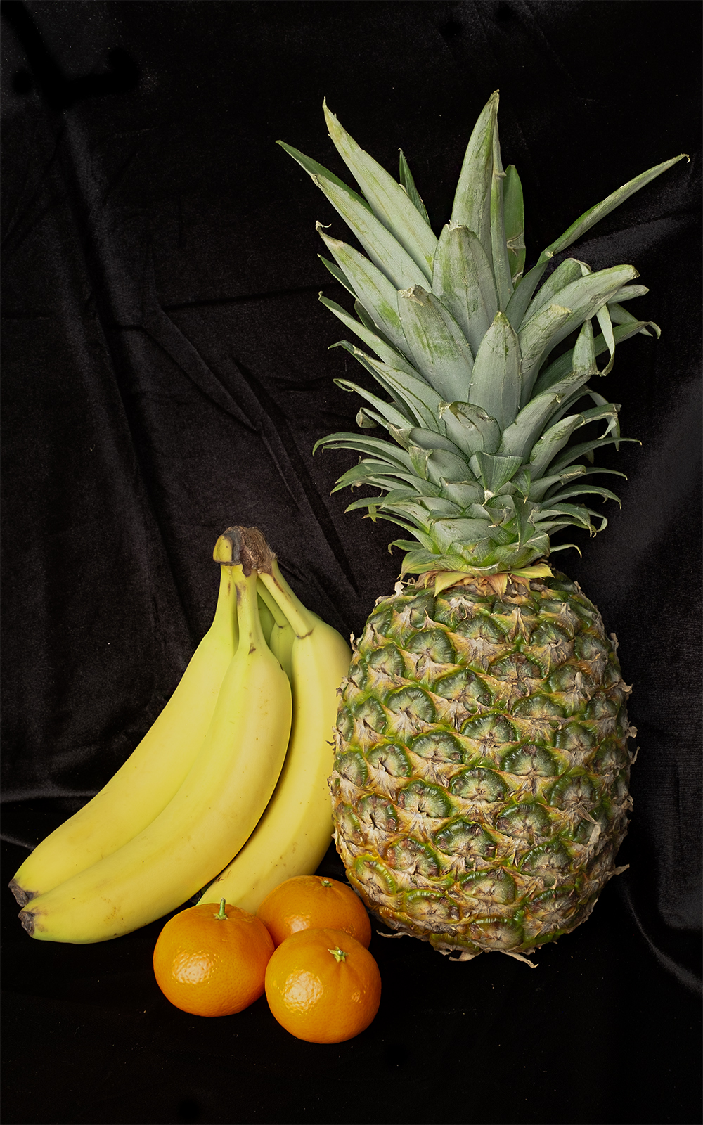 An image of a pineapple, a bunch of bananas, and three small oranges against a black velvet background.